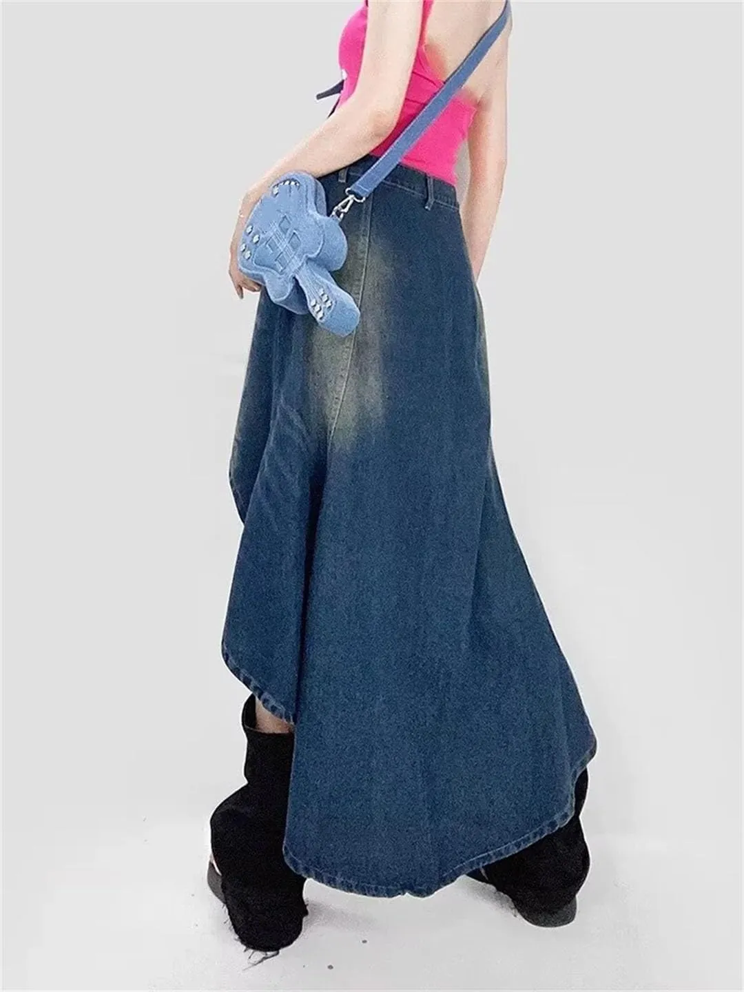 Women Retro Irregular Denim Skirt High Waist Streetwear Vintage Washed Midi Jeans Skirt