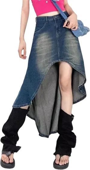 Women Retro Irregular Denim Skirt High Waist Streetwear Vintage Washed Midi Jeans Skirt