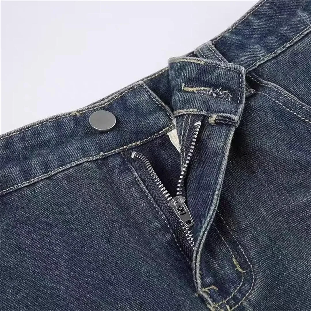 Women Retro Irregular Denim Skirt High Waist Streetwear Vintage Washed Midi Jeans Skirt