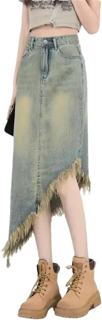 Women Summer Retro Asymmetric Midi Jeans Skirts Streetwear Washed Vintage Denim Skirts