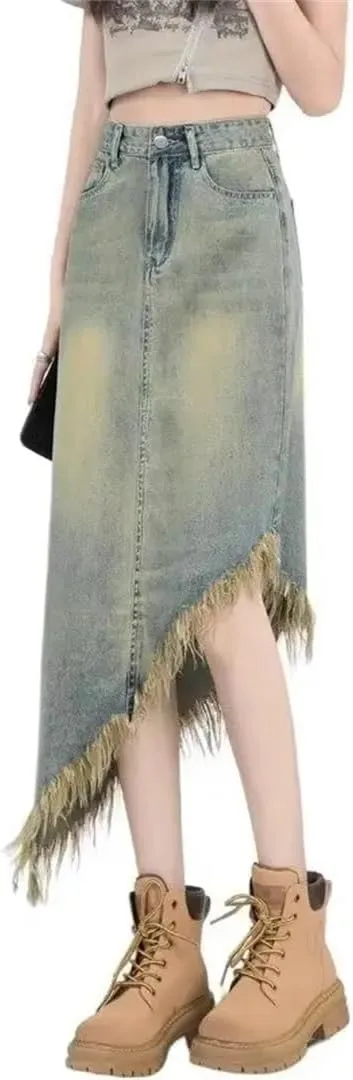 Women Summer Retro Asymmetric Midi Jeans Skirts Streetwear Washed Vintage Denim Skirts