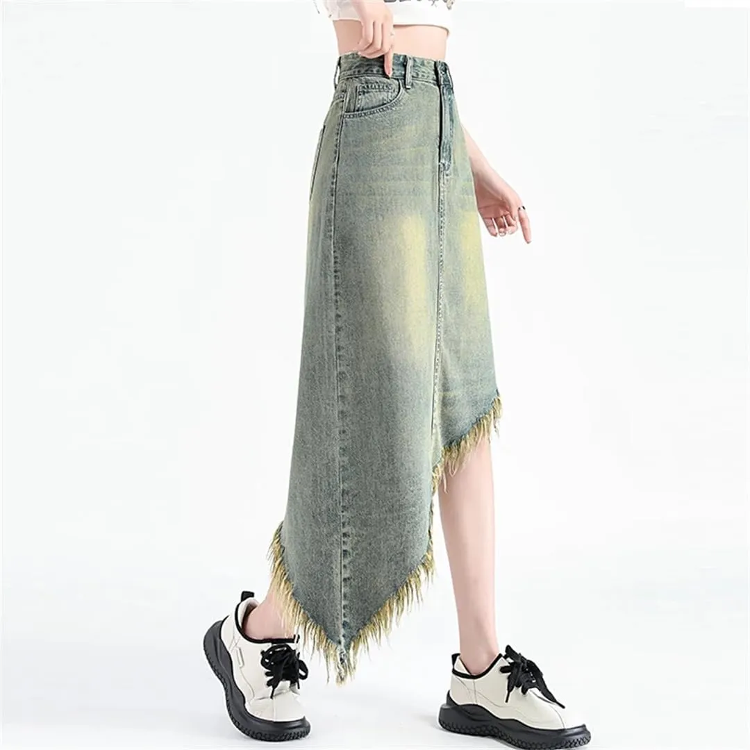 Women Summer Retro Asymmetric Midi Jeans Skirts Streetwear Washed Vintage Denim Skirts