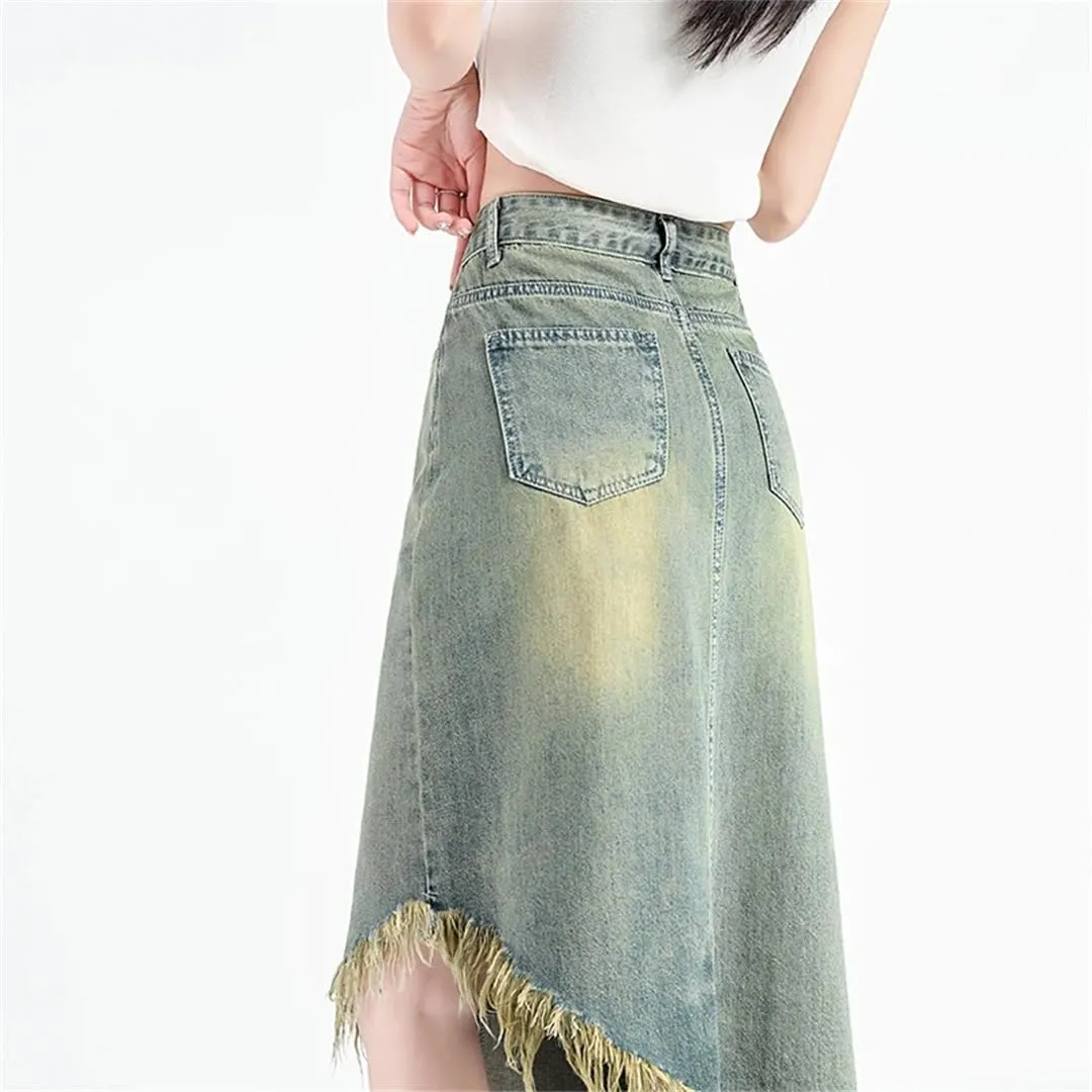 Women Summer Retro Asymmetric Midi Jeans Skirts Streetwear Washed Vintage Denim Skirts