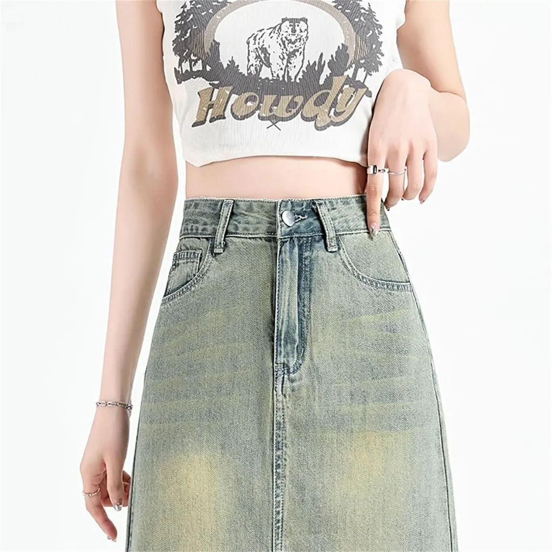 Women Summer Retro Asymmetric Midi Jeans Skirts Streetwear Washed Vintage Denim Skirts
