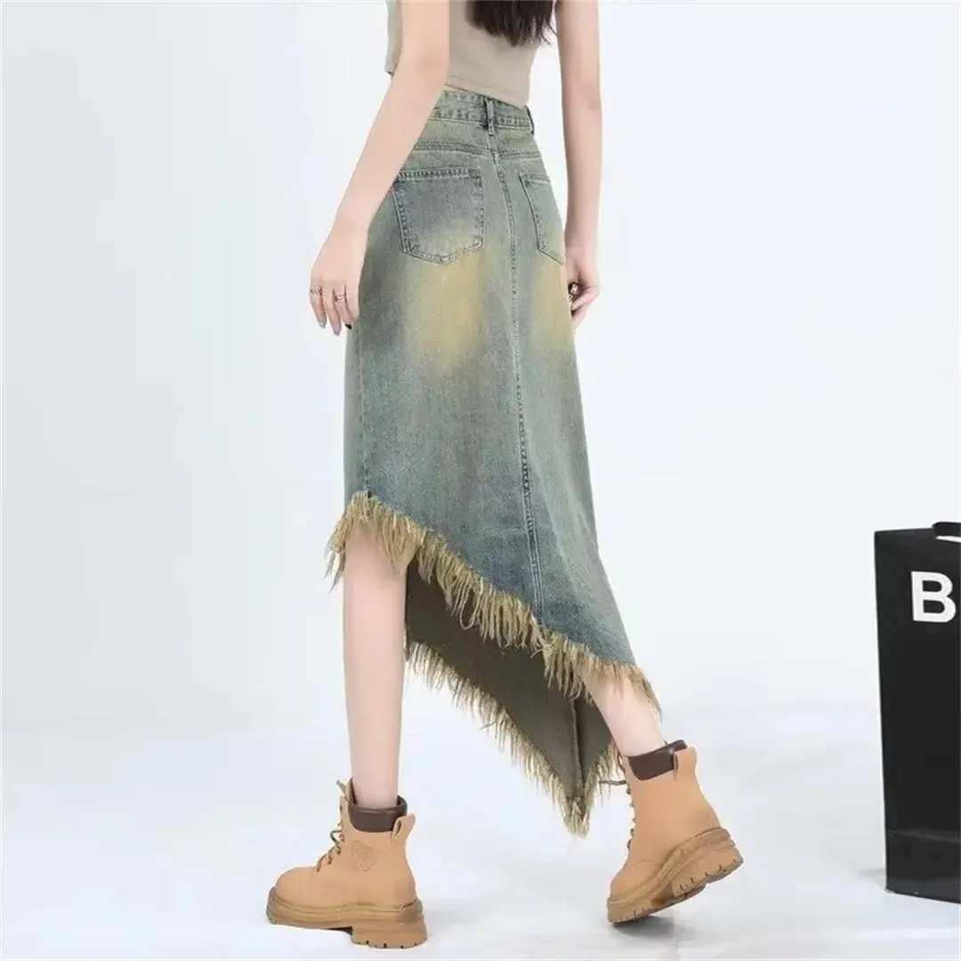 Women Summer Retro Asymmetric Midi Jeans Skirts Streetwear Washed Vintage Denim Skirts