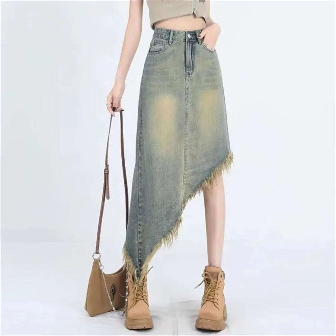 Women Summer Retro Asymmetric Midi Jeans Skirts Streetwear Washed Vintage Denim Skirts