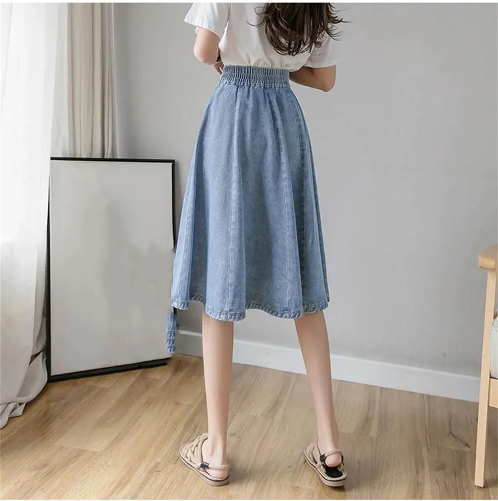 Women Vintage Elastic High Waist Denim Skirt Streetwear Swing Midi Button A-Line Jeans Skirts