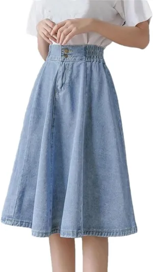Women Vintage Elastic High Waist Denim Skirt Streetwear Swing Midi Button A-Line Jeans Skirts
