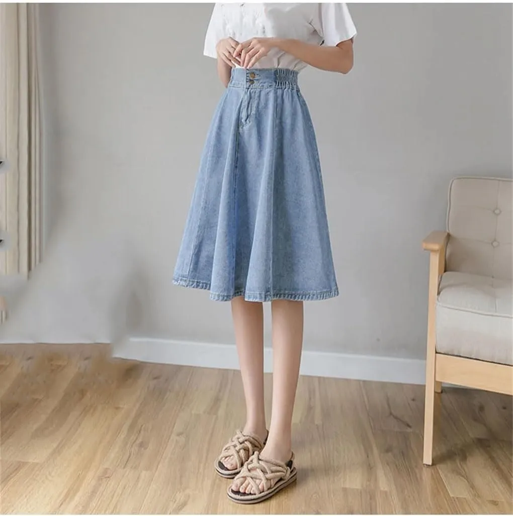 Women Vintage Elastic High Waist Denim Skirt Streetwear Swing Midi Button A-Line Jeans Skirts