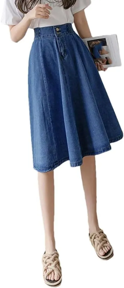 Women Vintage Elastic High Waist Denim Skirt Streetwear Swing Midi Button A-Line Jeans Skirts