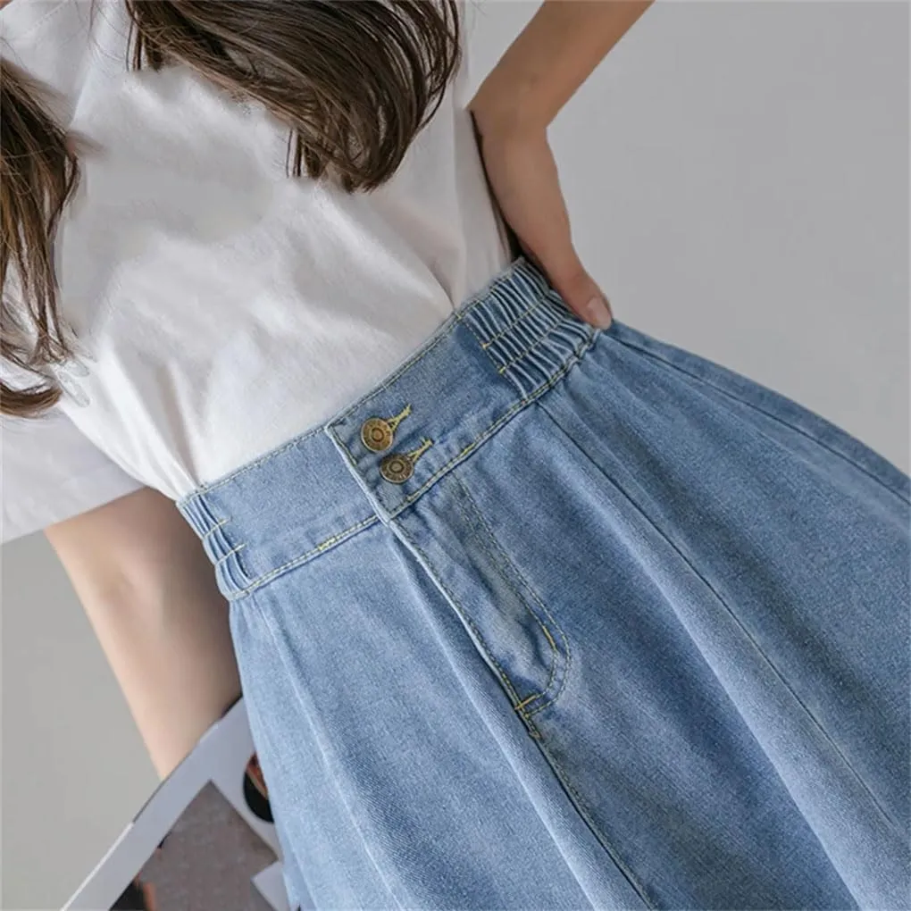 Women Vintage Elastic High Waist Denim Skirt Streetwear Swing Midi Button A-Line Jeans Skirts