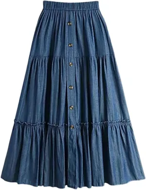Women Vintage Simple Solid Long Denim Skirt Casual Buttons A Line High Waist Midi Jeans Skirt