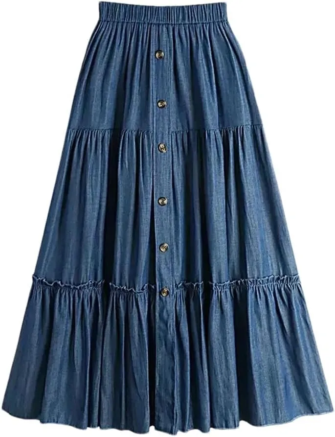 Women Vintage Simple Solid Long Denim Skirt Casual Buttons A Line High Waist Midi Jeans Skirt