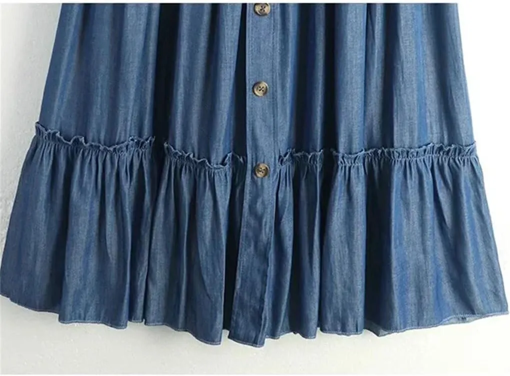 Women Vintage Simple Solid Long Denim Skirt Casual Buttons A Line High Waist Midi Jeans Skirt