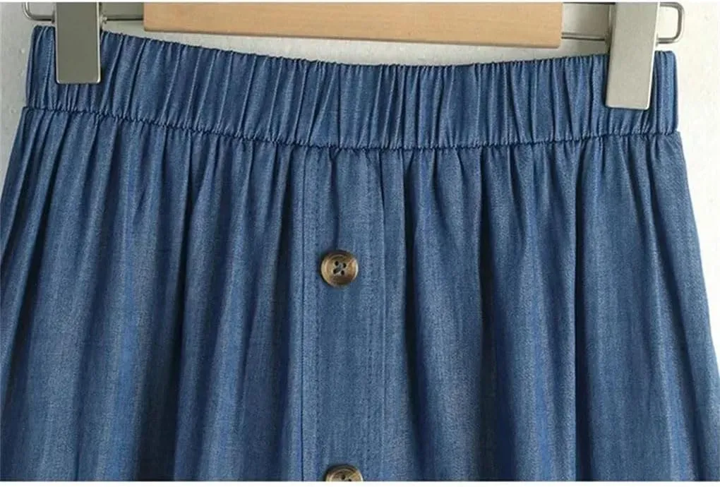 Women Vintage Simple Solid Long Denim Skirt Casual Buttons A Line High Waist Midi Jeans Skirt