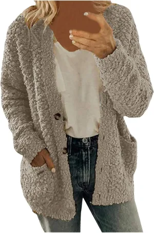 Women Warm Cardigan Coats Casual Plus Size Plush Sweater Winter Jacket Loose Buttons Pocket Fluffy Wool Coat Outerwear
