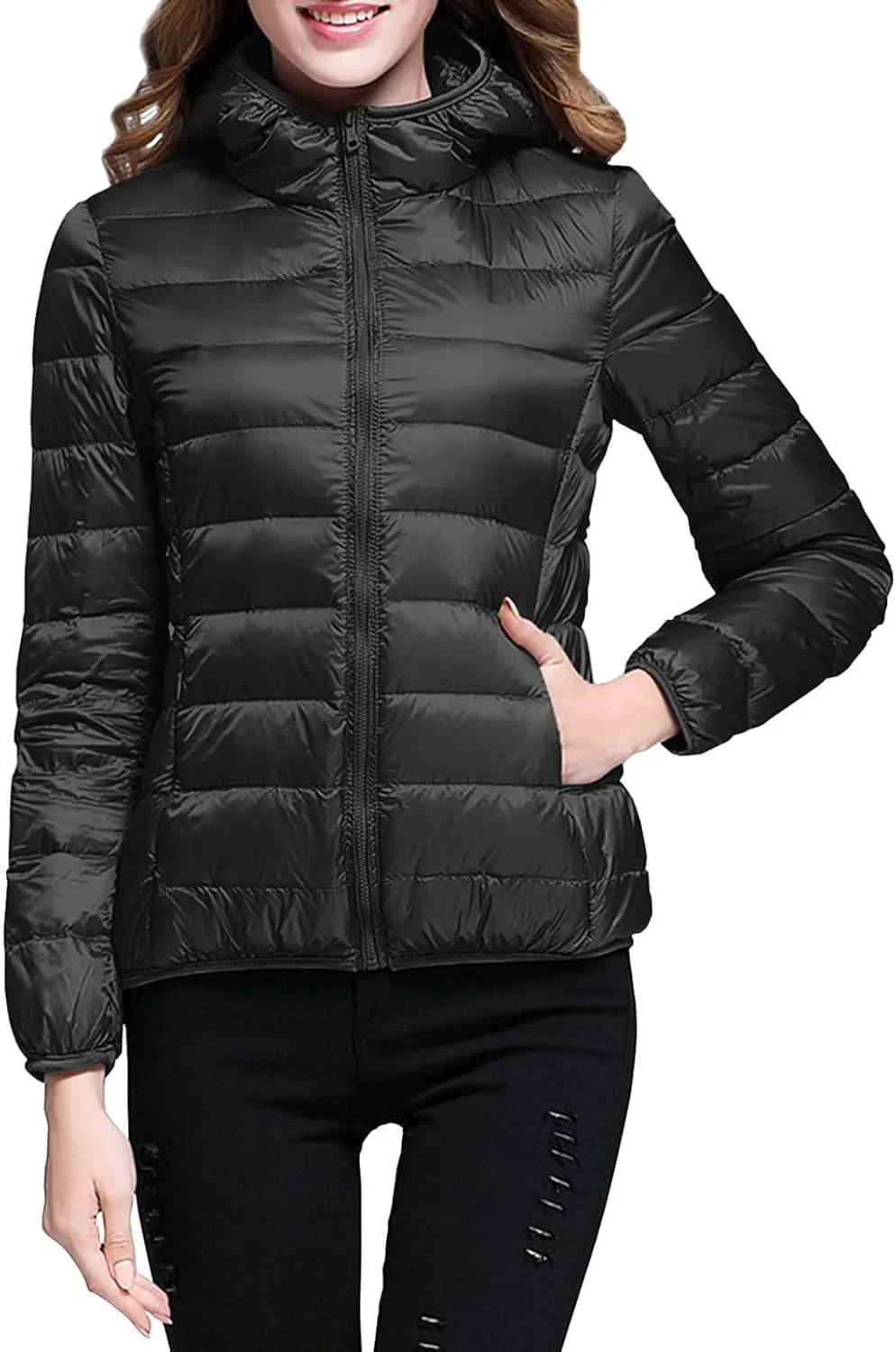 Women Warm Lightweight Jacket Hooded Windproof Winter Coat with Recycled Insulation Winter Slim Short
