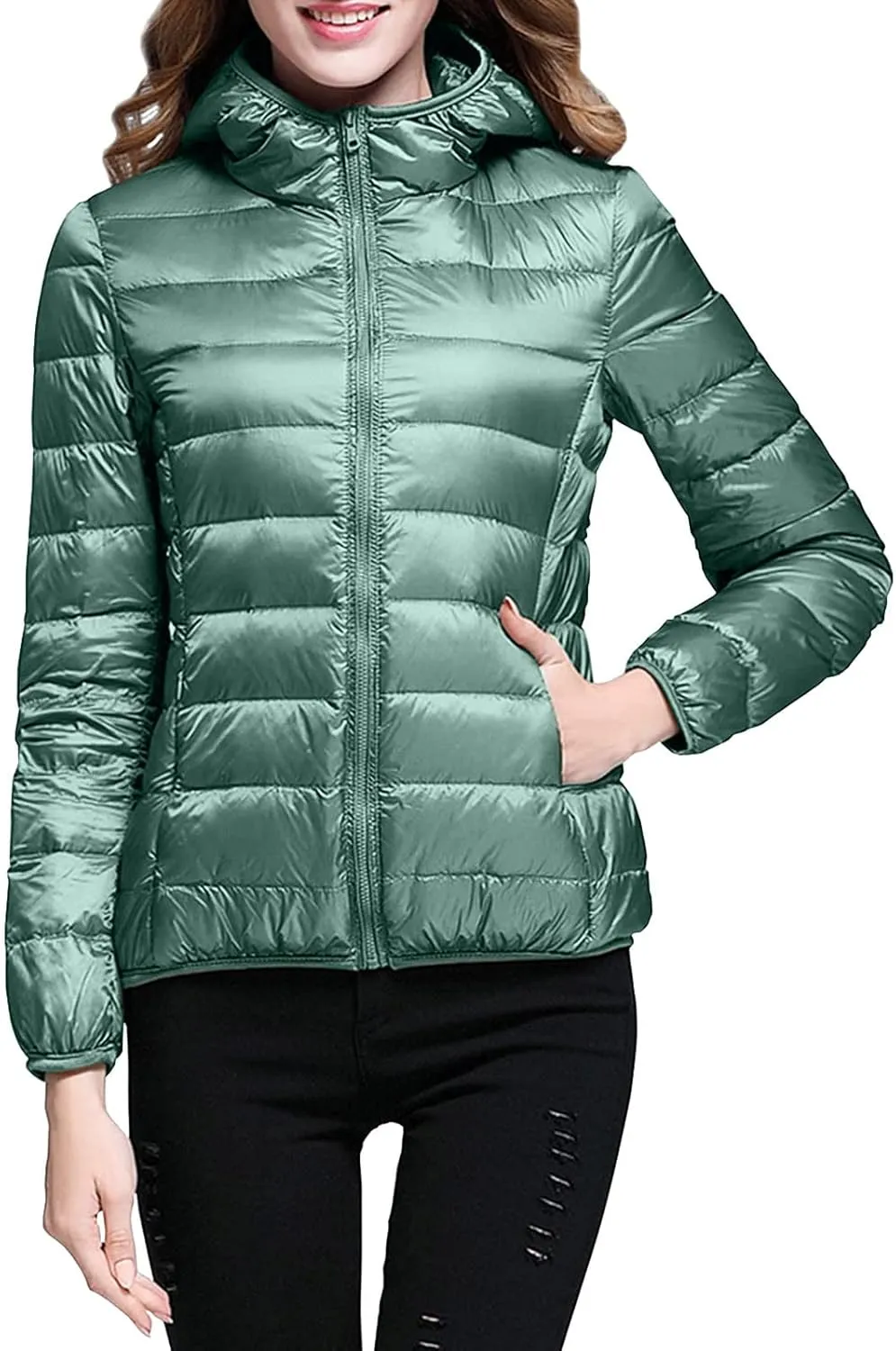 Women Warm Lightweight Jacket Hooded Windproof Winter Coat with Recycled Insulation Winter Slim Short
