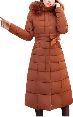 Women Winter Coat Long Down Jacket With Fur Hood Quilted Puffer Jacket Plus Size Outerwear Padded Casual Warm Down Coat