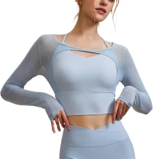 Women's 2 in 1 Yoga Long Sleeve Mesh Gym Athletic Tops Workout Shirts with Medium Support Sports Bra