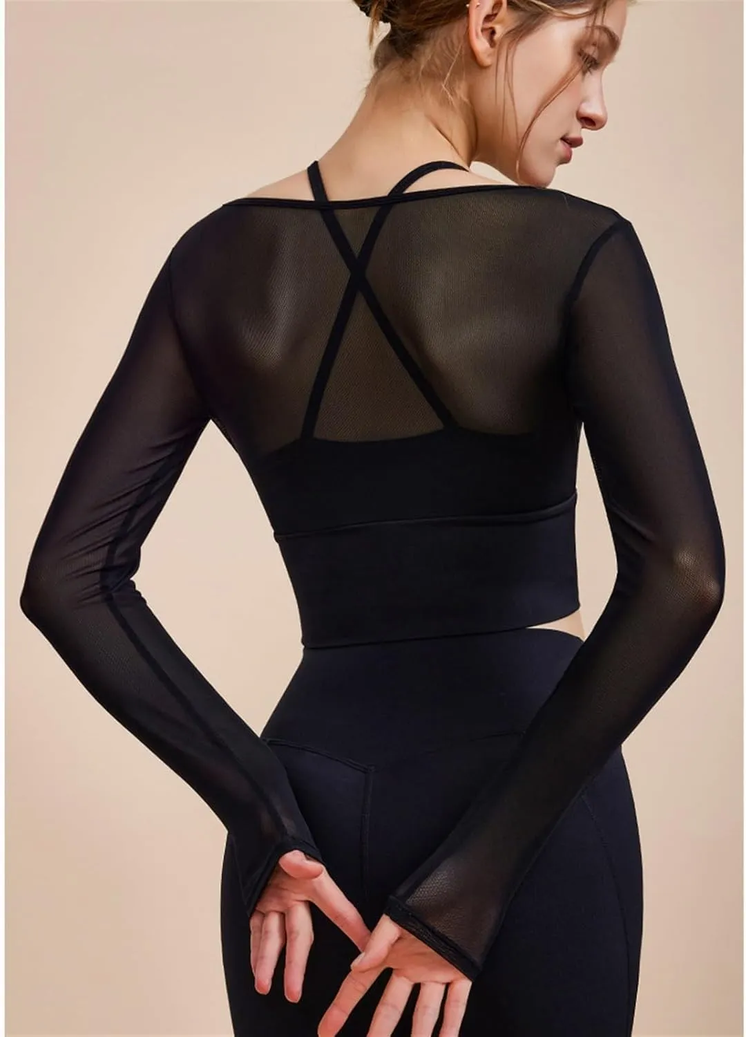 Women's 2 in 1 Yoga Long Sleeve Mesh Gym Athletic Tops Workout Shirts with Medium Support Sports Bra