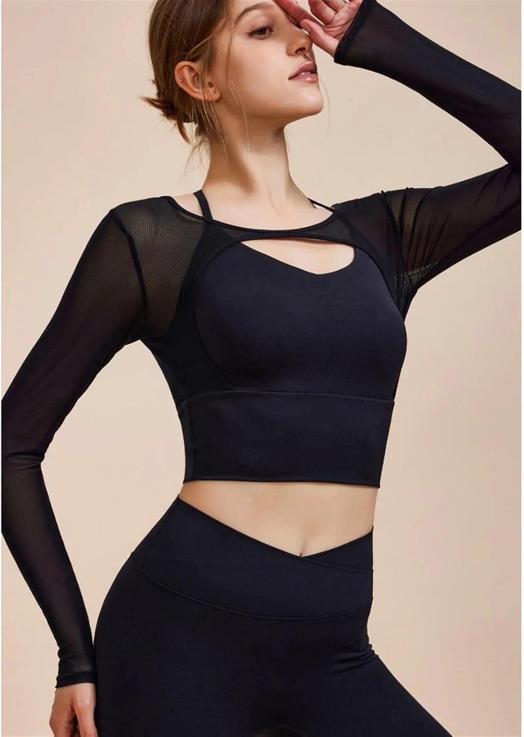 Women's 2 in 1 Yoga Long Sleeve Mesh Gym Athletic Tops Workout Shirts with Medium Support Sports Bra