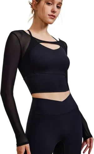 Women's 2 in 1 Yoga Long Sleeve Mesh Gym Athletic Tops Workout Shirts with Medium Support Sports Bra