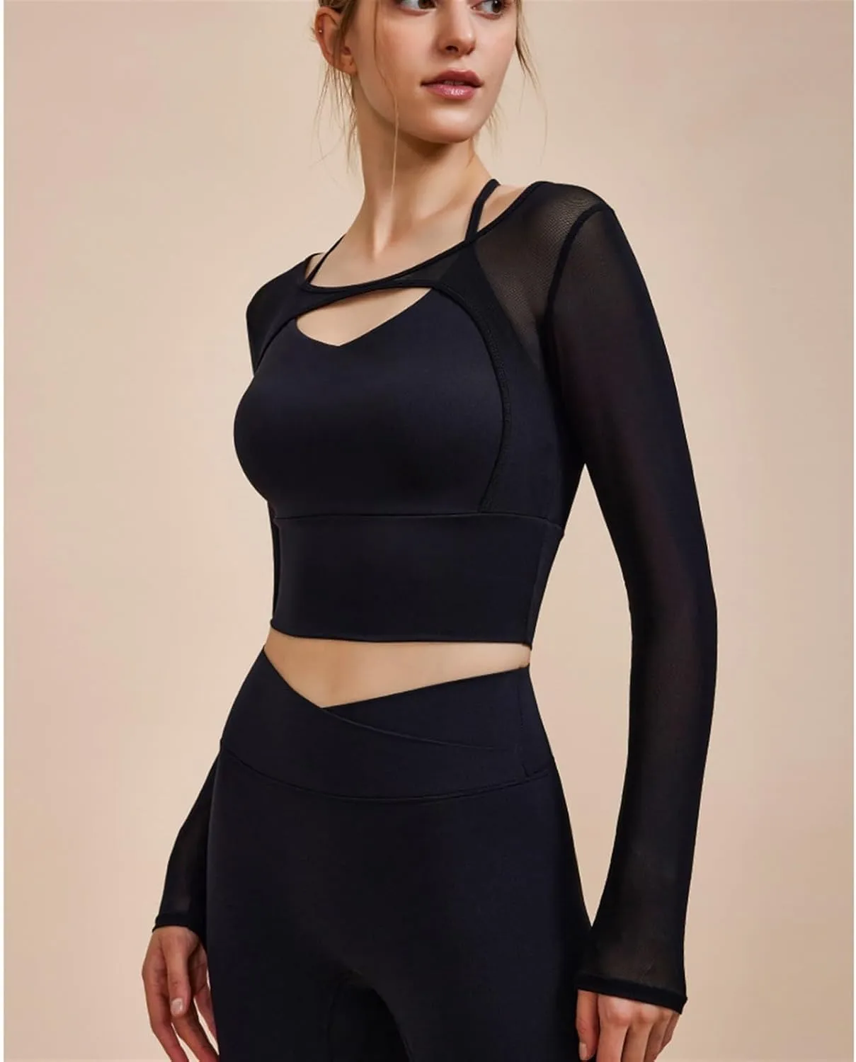 Women's 2 in 1 Yoga Long Sleeve Mesh Gym Athletic Tops Workout Shirts with Medium Support Sports Bra