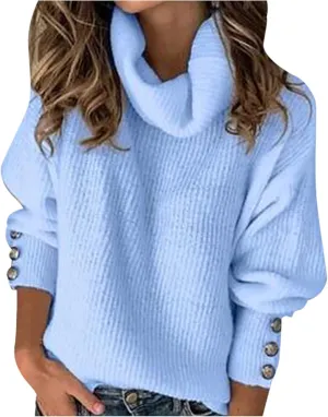 Womens 2024 Fall Pullover Sweaters Solid Long Sleeve Turtleneck Knitted Casual Button Oversized Tunic Sweatshirts