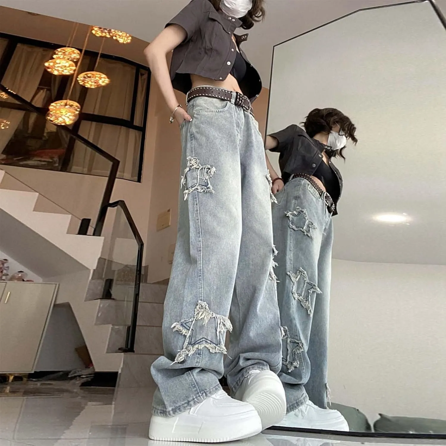 Womens Baggy Jeans Y2K High Street Boyfriend Pants Vintage Distressed Jeans High Waist Ripped Denims Streetwear Hiphop
