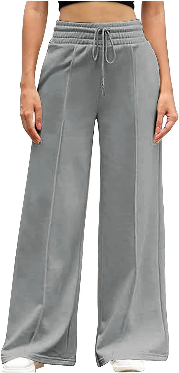 Womens Baggy Sweat Pants Wide Leg Sweatpants Plus Size High Waisted Elastic Drawstring Jogger Pants with Pockets
