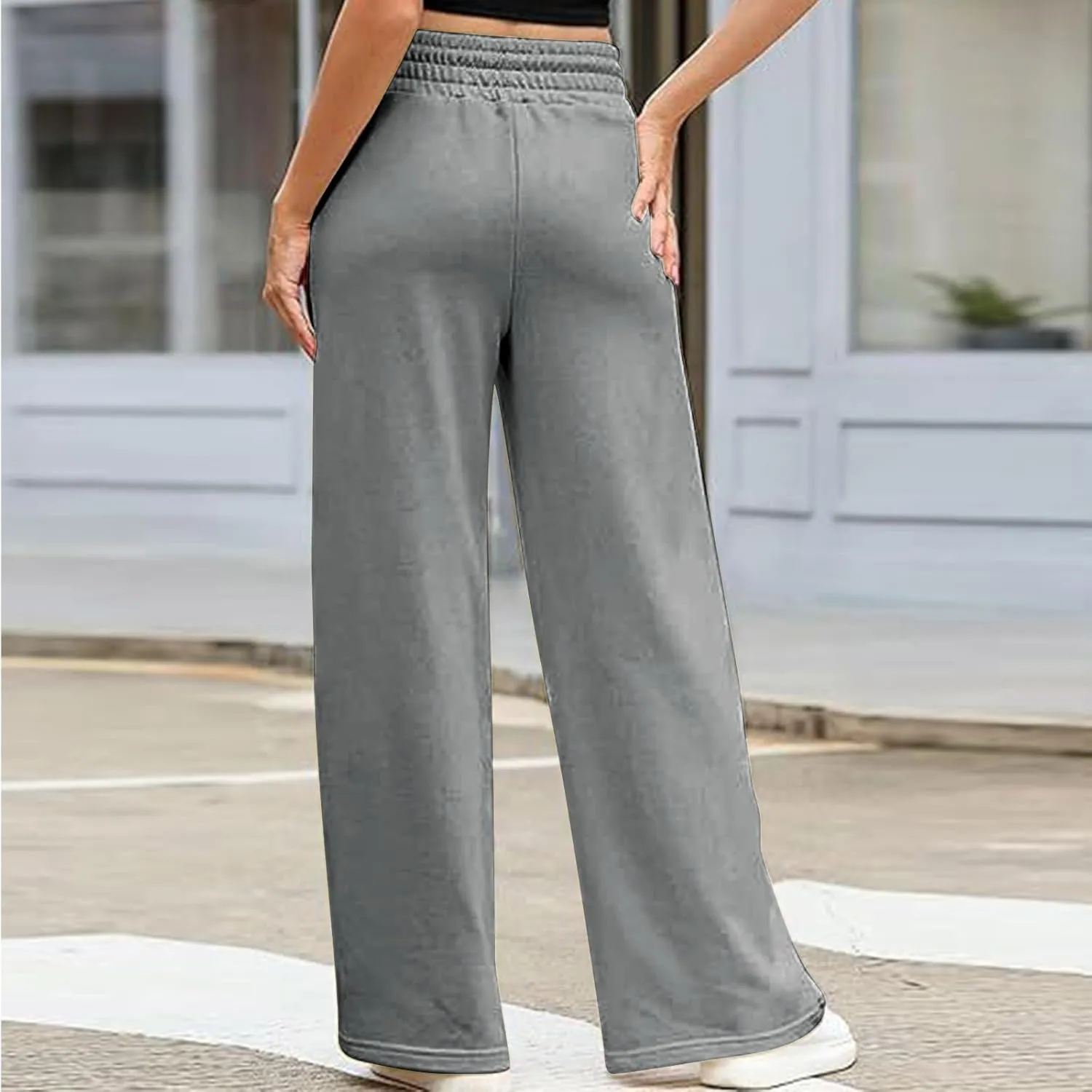 Womens Baggy Sweat Pants Wide Leg Sweatpants Plus Size High Waisted Elastic Drawstring Jogger Pants with Pockets