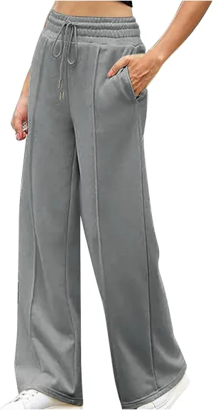 Womens Baggy Sweat Pants Wide Leg Sweatpants Plus Size High Waisted Elastic Drawstring Jogger Pants with Pockets