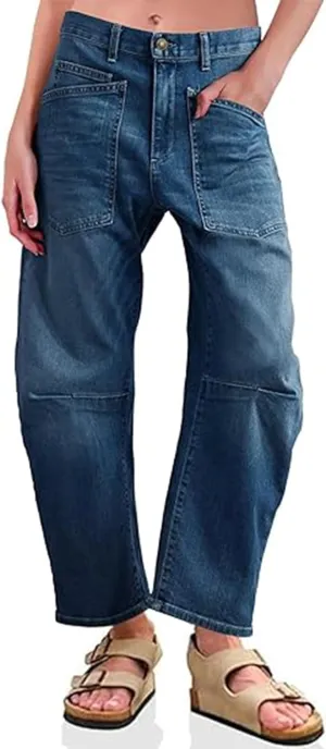 Women's Barrel Baggy Jeans Wide Leg Horseshoe Denim Pants High Waisted Boyfriend Y2K Vintage Jeans with Pockets