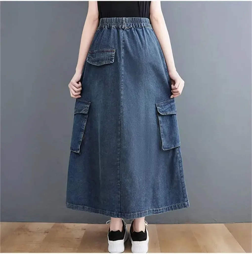Women's Casual Denim Skirt High Waist Vintage Solid Loose Long Jeans Skirts