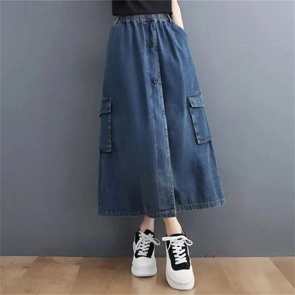 Women's Casual Denim Skirt High Waist Vintage Solid Loose Long Jeans Skirts