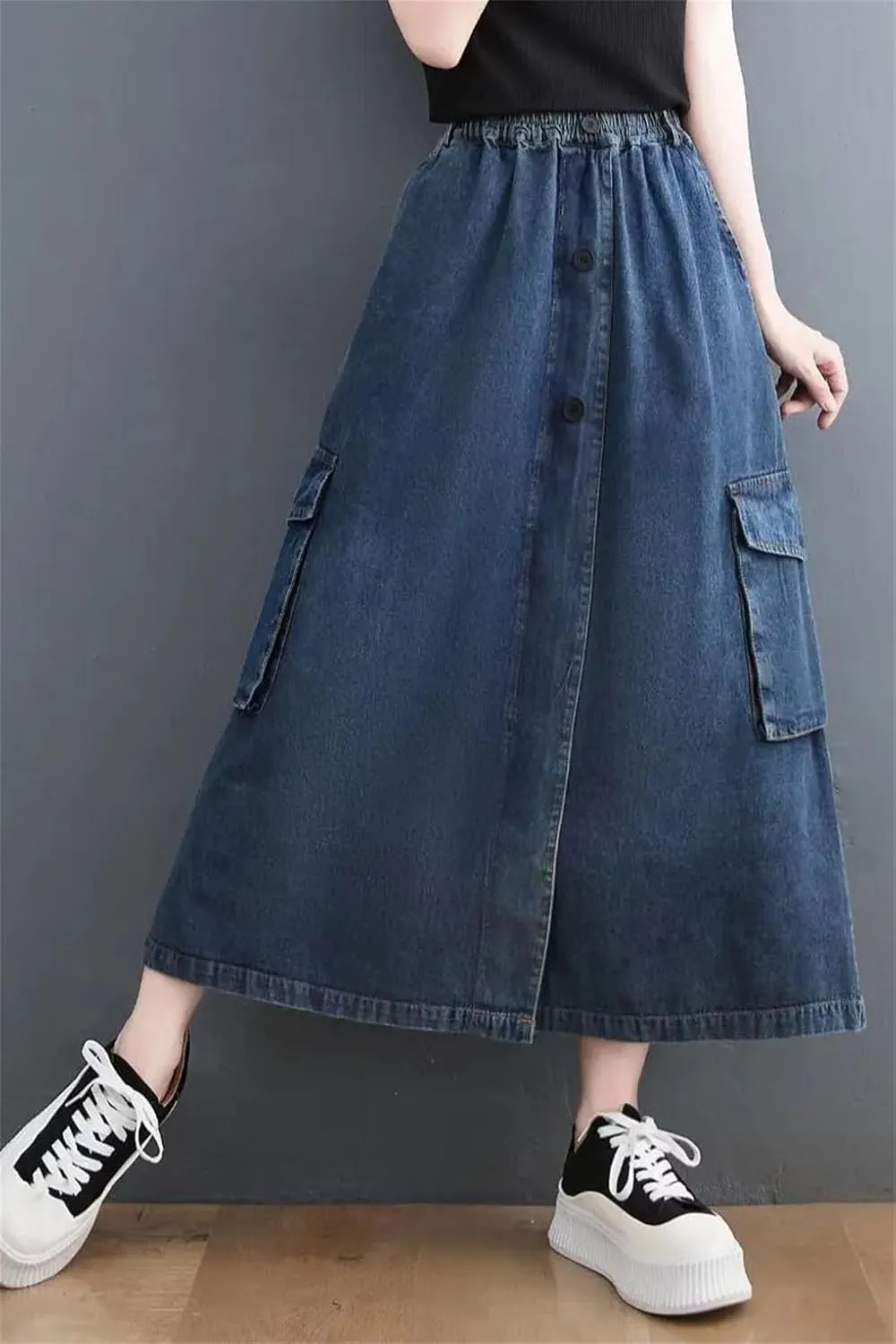 Women's Casual Denim Skirt High Waist Vintage Solid Loose Long Jeans Skirts