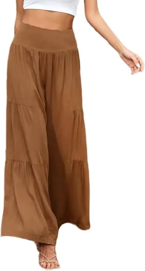 Women's Casual High Waisted Wide Leg Smocked Pants Cotton and Linen Beach Trousers Vacation Palazzo Lounge Pant