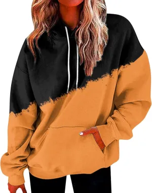 Womens Casual Hooded Sweatshirt with Pockets Colorblock String Hoodies Oversized Tunics Pullover Sweater Blouse Trendy