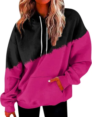 Womens Casual Hooded Sweatshirt with Pockets Colorblock String Hoodies Oversized Tunics Pullover Sweater Blouse Trendy