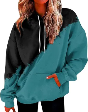 Womens Casual Hooded Sweatshirt with Pockets Colorblock String Hoodies Oversized Tunics Pullover Sweater Blouse Trendy