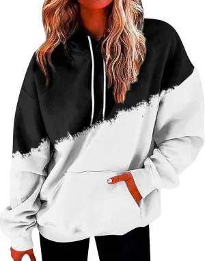 Womens Casual Hooded Sweatshirt with Pockets Colorblock String Hoodies Oversized Tunics Pullover Sweater Blouse Trendy