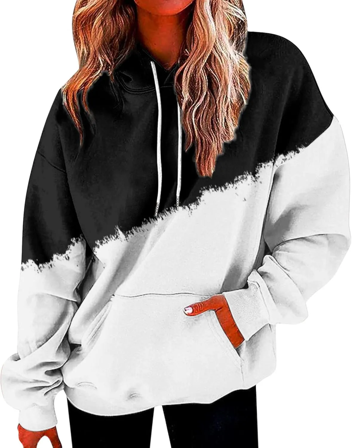 Womens Casual Hooded Sweatshirt with Pockets Colorblock String Hoodies Oversized Tunics Pullover Sweater Blouse Trendy