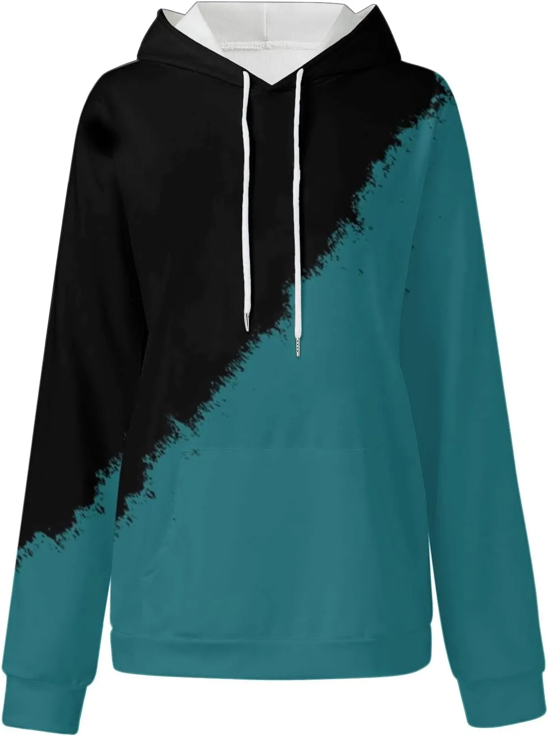 Womens Casual Hooded Sweatshirt with Pockets Colorblock String Hoodies Oversized Tunics Pullover Sweater Blouse Trendy