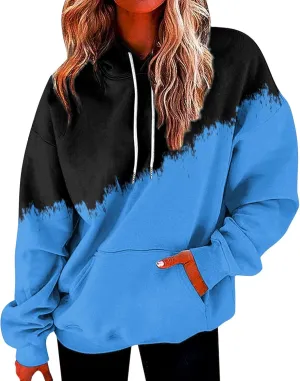 Womens Casual Hooded Sweatshirt with Pockets Colorblock String Hoodies Oversized Tunics Pullover Sweater Blouse Trendy