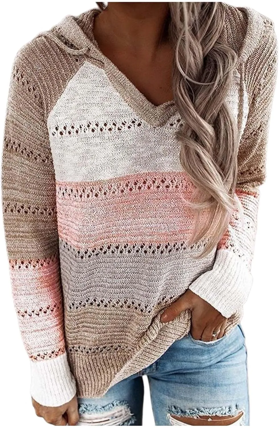 Womens Casual Hoodies Striped Color Block Sweatshirt Fall Sweater Long Sleeves Knit Tops