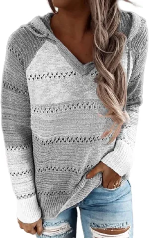 Womens Casual Hoodies Striped Color Block Sweatshirt Fall Sweater Long Sleeves Knit Tops