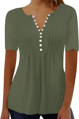 Women's Casual Pleated Round Neck Button Open Short Sleeve Loose T Shirt Shirt Top Womens Athletic Tops Short Sleeve