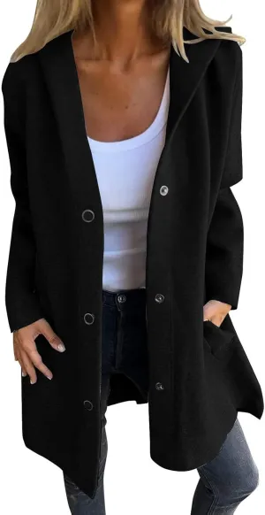 Women's Casual Thicken Wool Blend Jacket Coat, Oversized Loose Comfy Pea Coat Long Sleeve Button Down Outerwear Tops