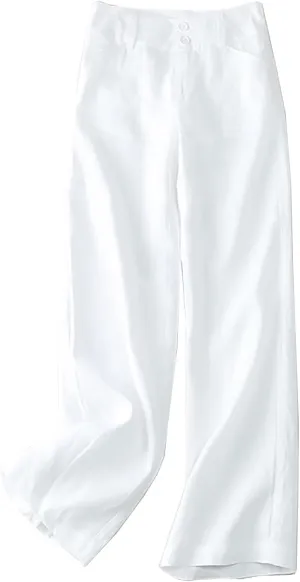 Women's Cotton Linen Pants Casual Straight Wide Leg Trousers Comfy Lounge Slacks with Pockets Beach Vacation Clothes